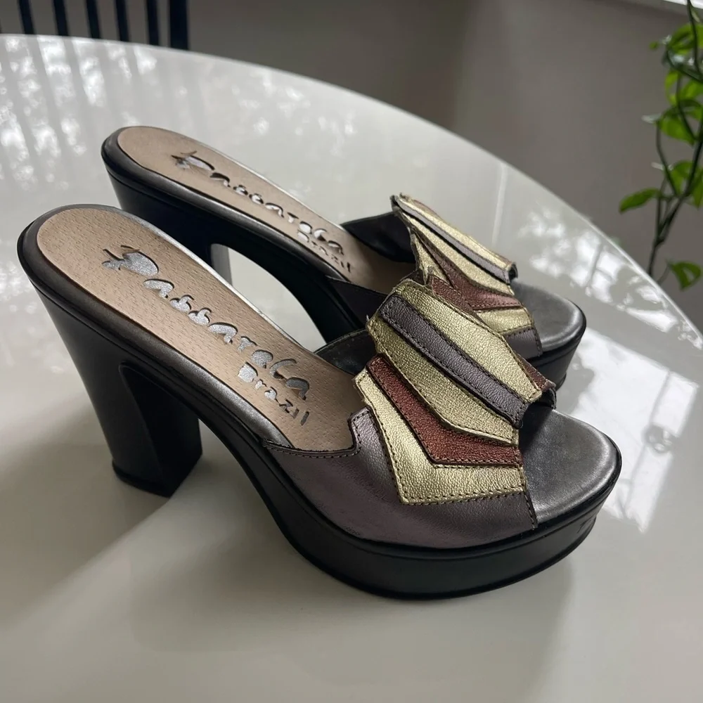 Vintage 90s Passarela Brazil Chunky Leather Platform Heels - 8